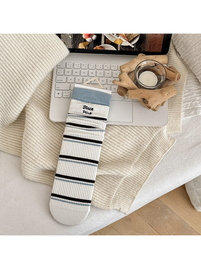 Letters crew sock with blue cuff and contrasting stripes