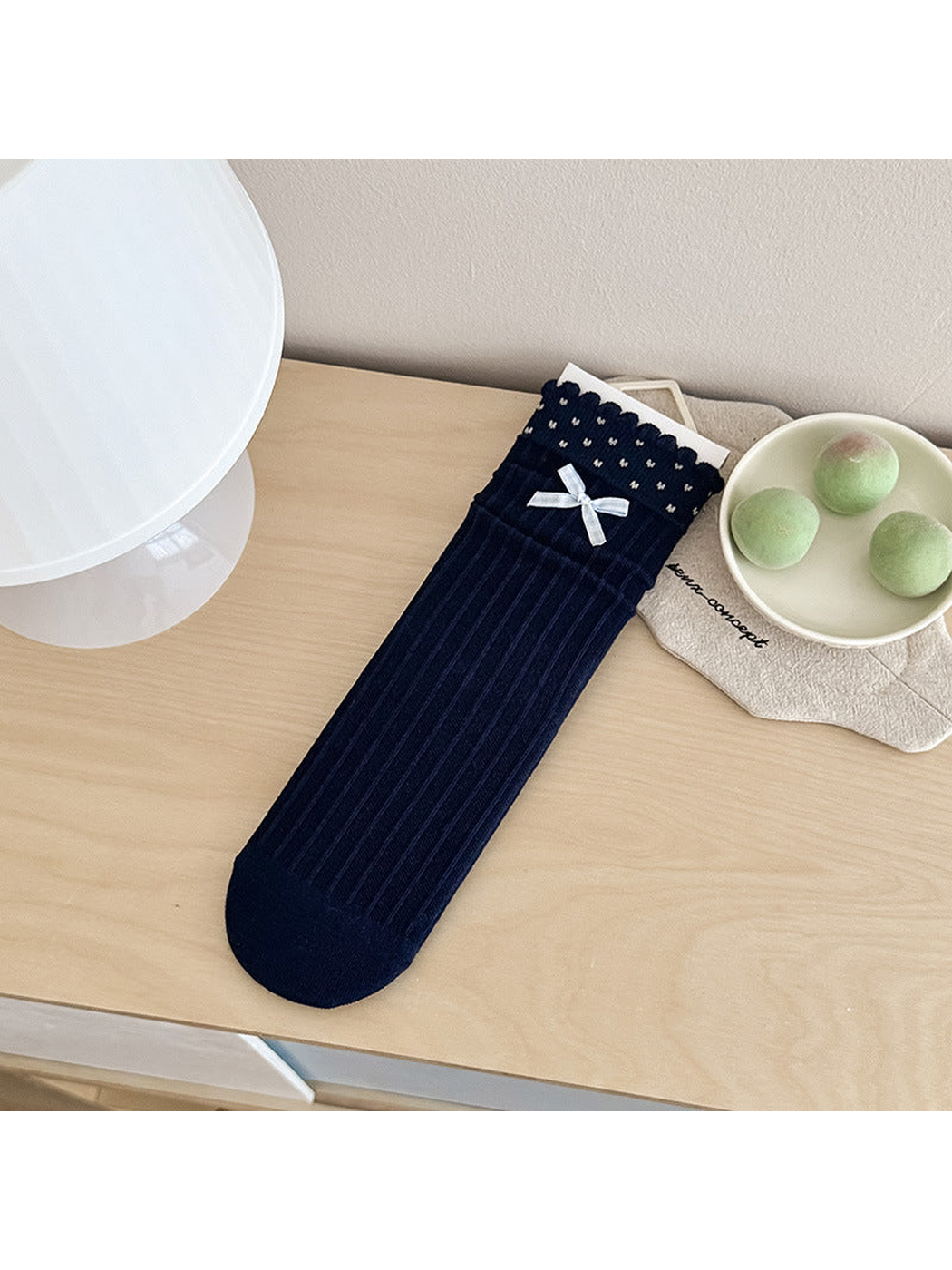 Navy Bow crew sock with scalloped cuff