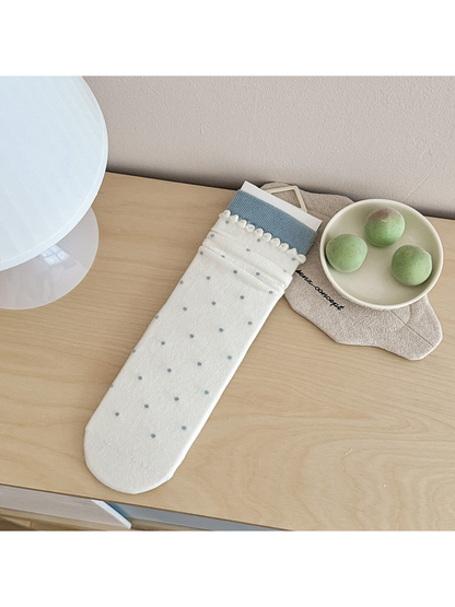 Ivory Polka Dot crew sock with light blue cuff and looped trim