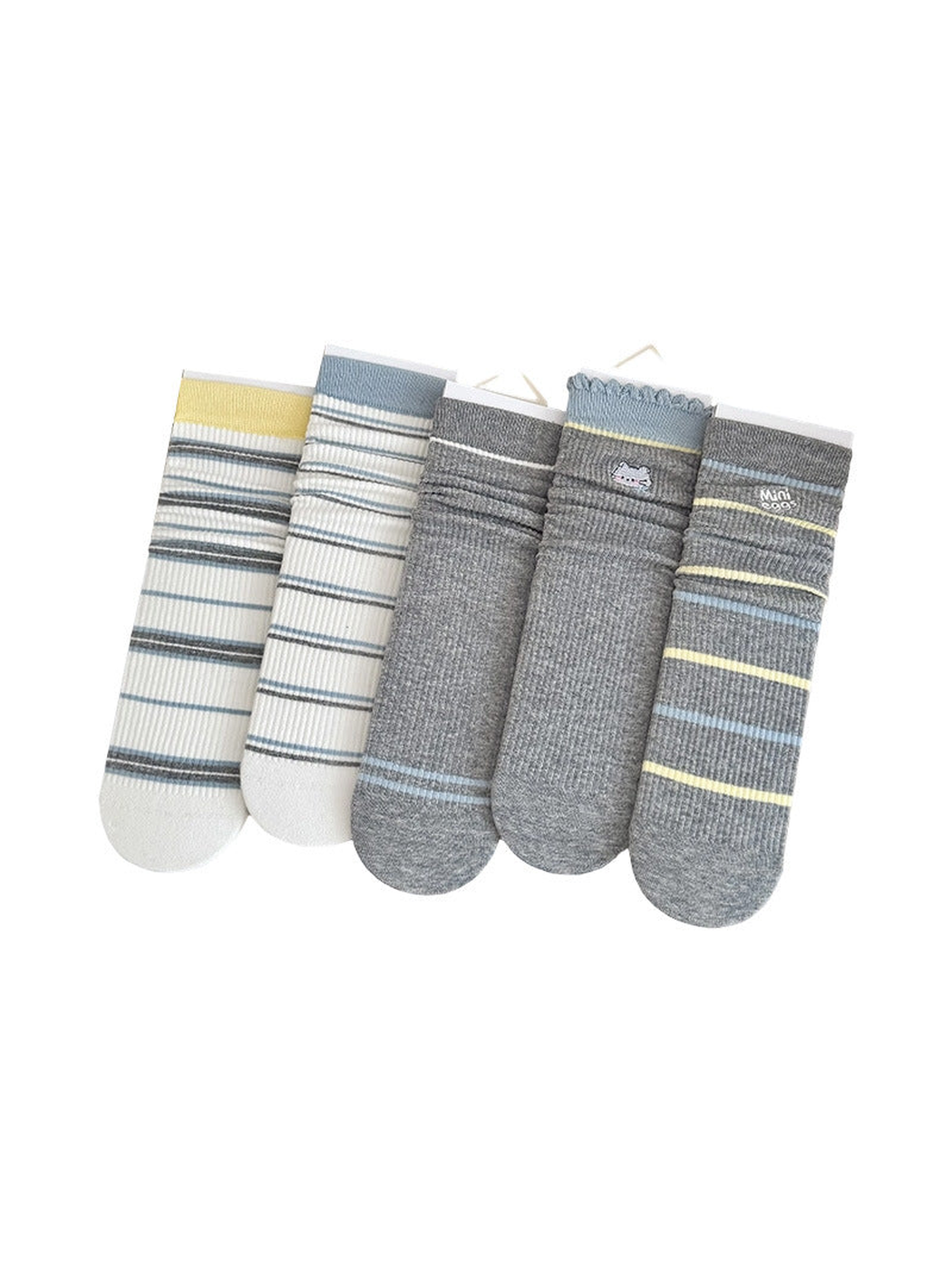 Five gray, white, blue and yellow striped crew sock styles displayed together