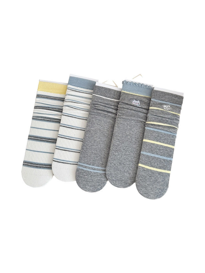Five gray, white, blue and yellow striped crew sock styles displayed together