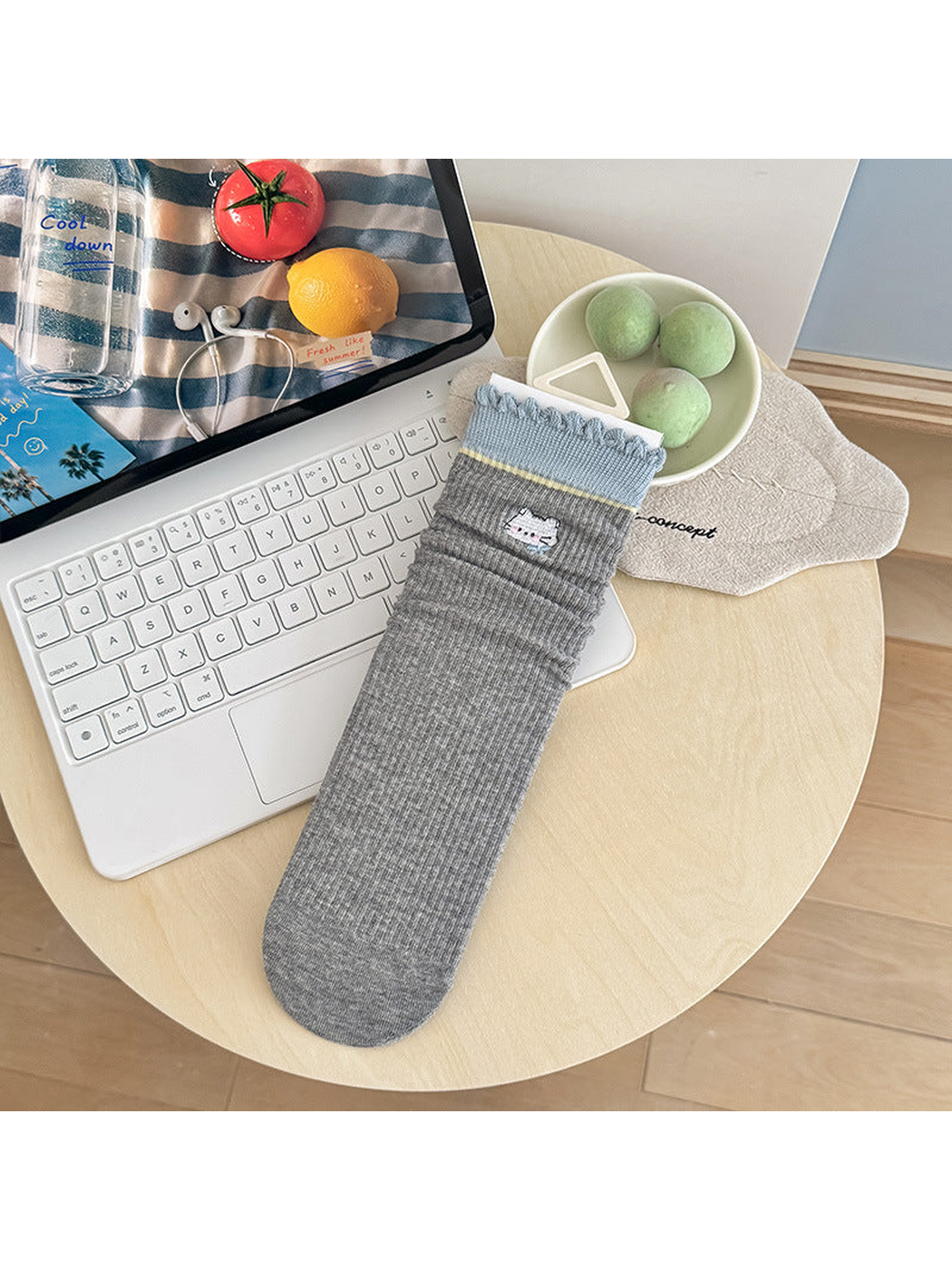 Cat style heather gray crew sock with light blue ruffled cuff and embroidered cat