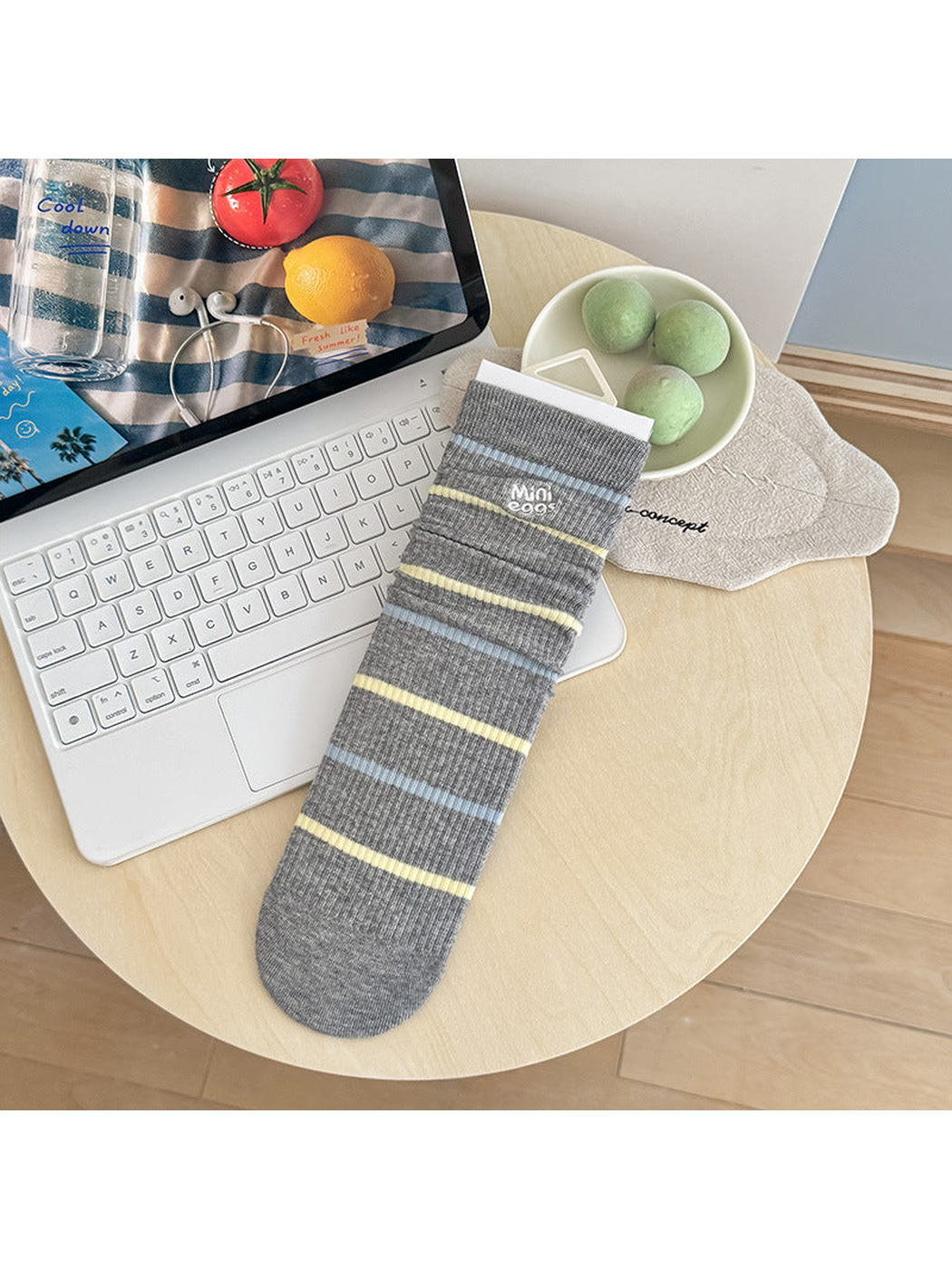 Lettering style heather gray crew sock with pale blue and yellow stripes