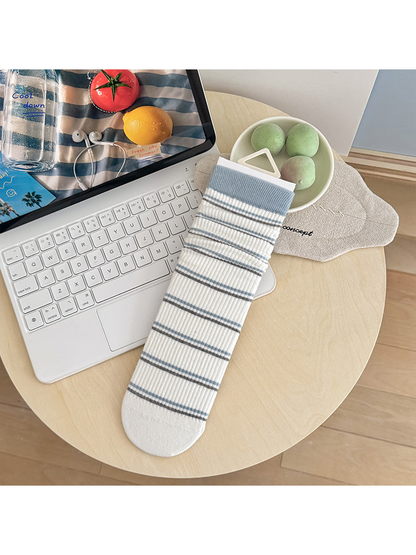 Blue Cuff white crew sock with blue-gray horizontal stripes