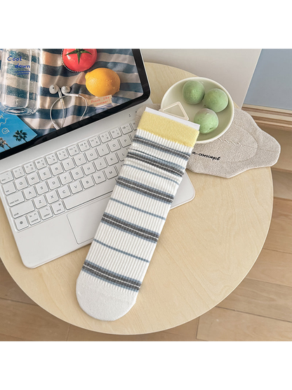 Yellow Cuff white crew sock with blue-gray horizontal stripes