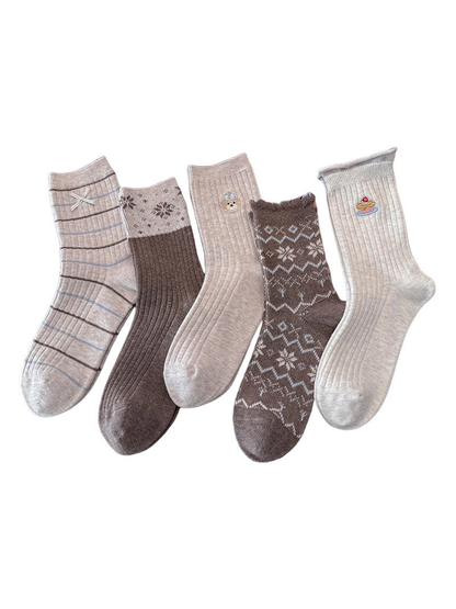 Five neutral crew sock styles on a white background