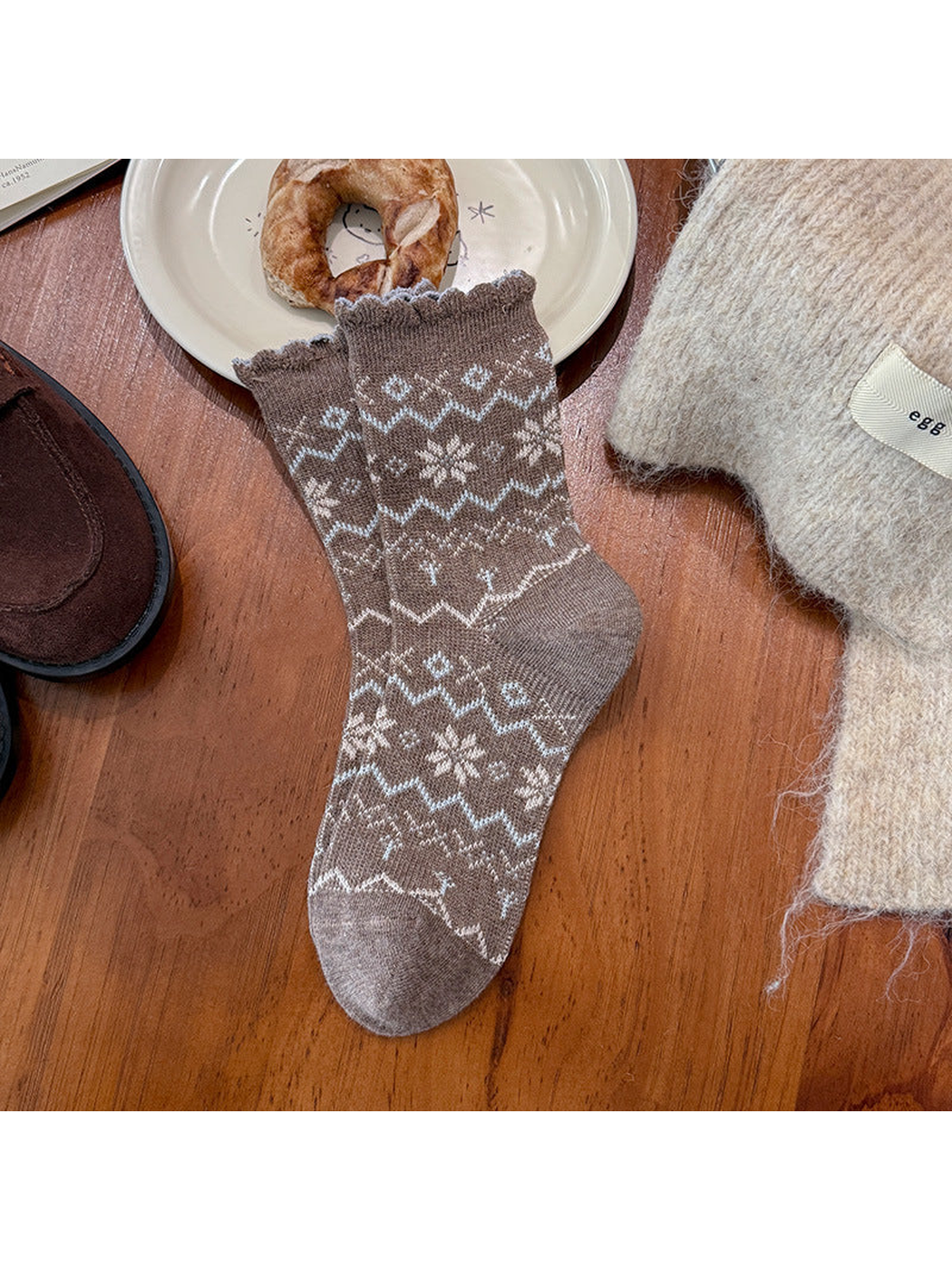 Scalloped Cuff crew sock with brown, blue and cream geometric motifs