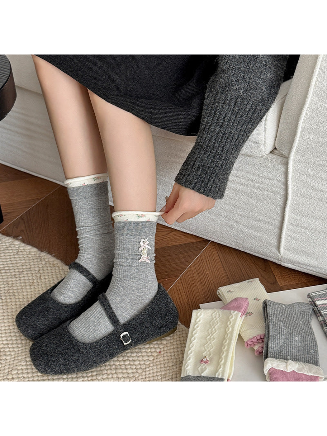 Gray Pearl Bow crew socks styled with dark buckle shoes