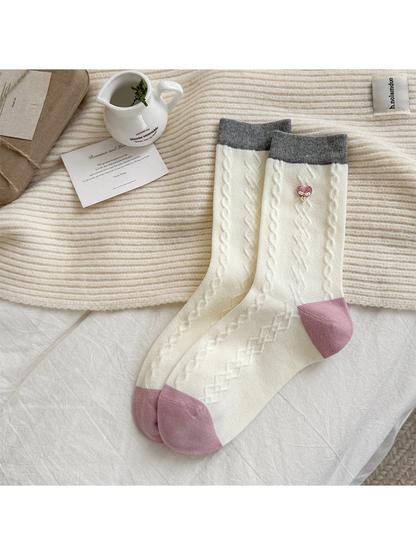 Ivory Heart Charm crew socks with gray cuffs and pink toes