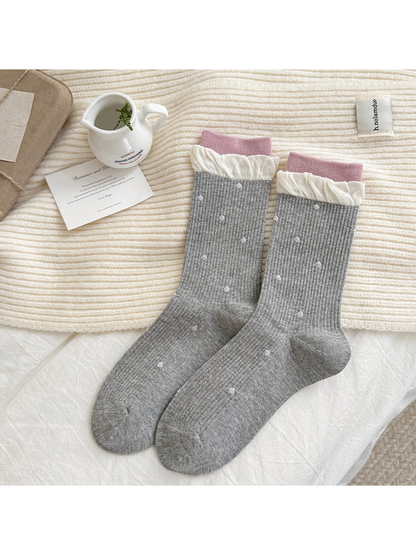 Gray Polka Dot crew socks with ivory ruffles and pink cuffs