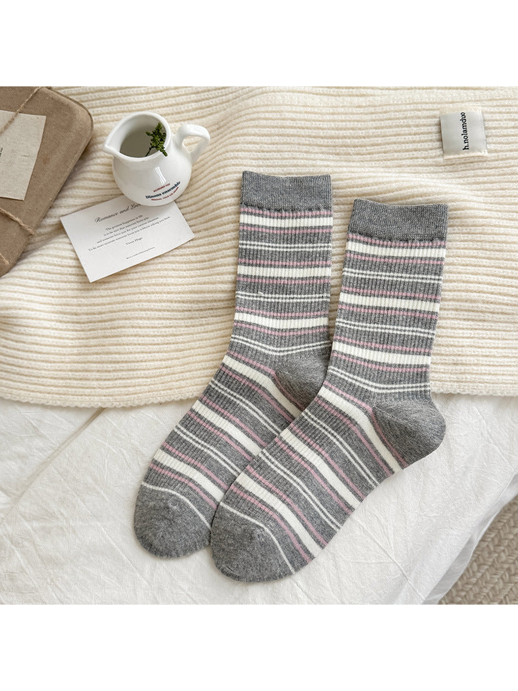 Gray Stripes crew socks with ivory and pink bands