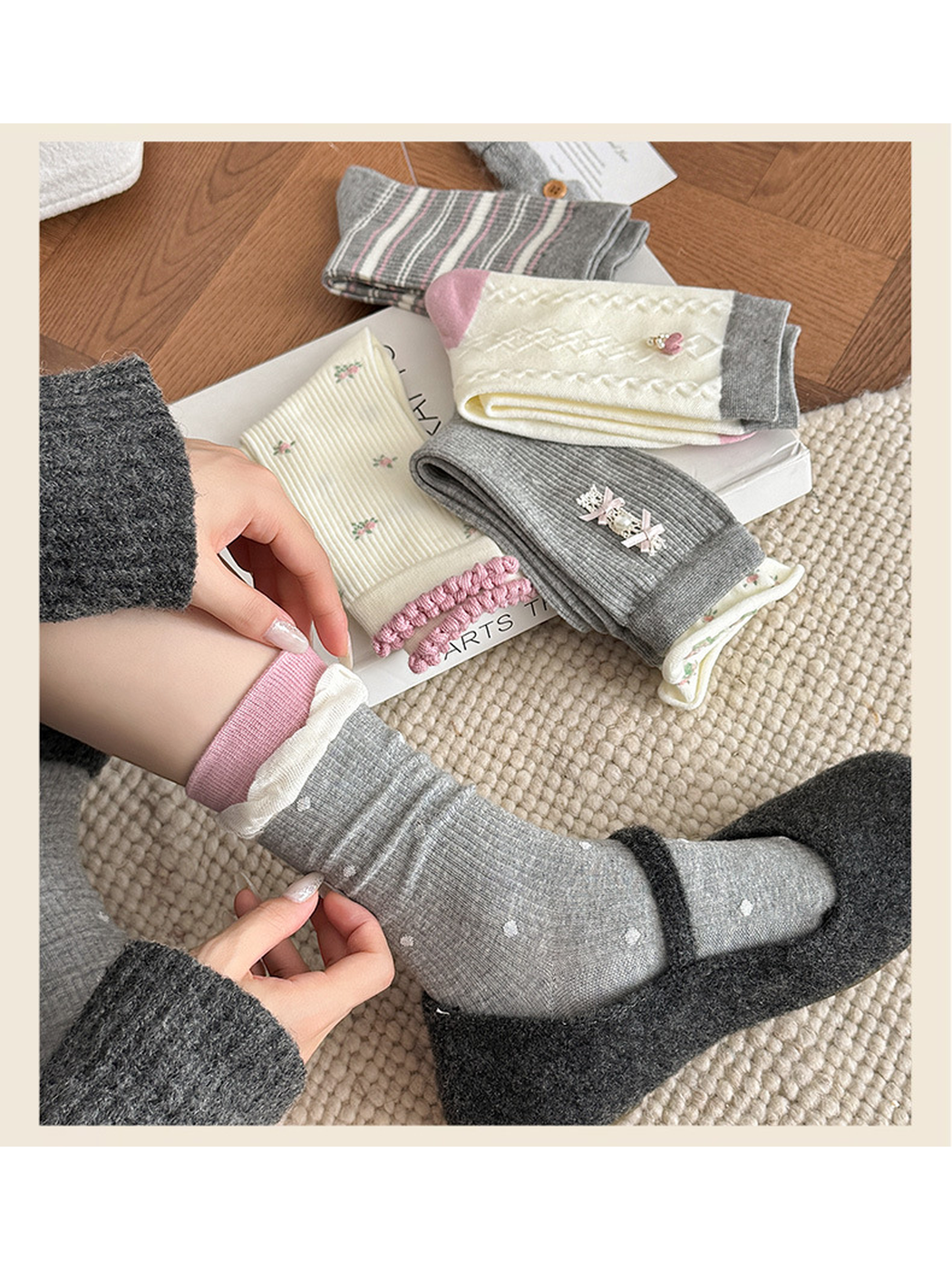 Polka Dot crew sock cuff and pattern shown with coordinating styles