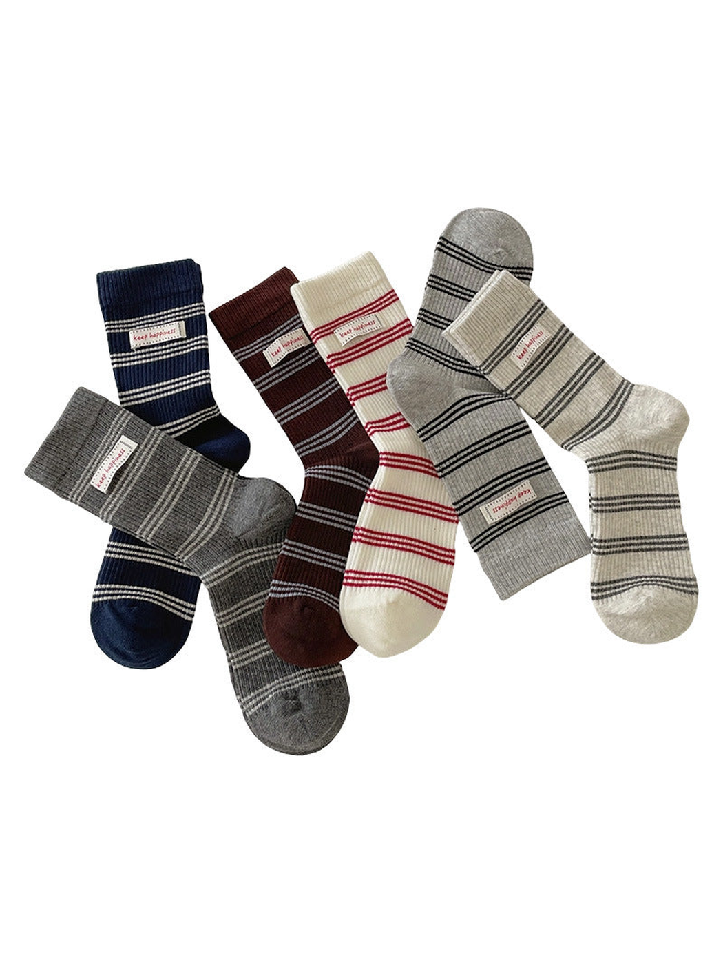 Six colors of striped crew socks displayed together