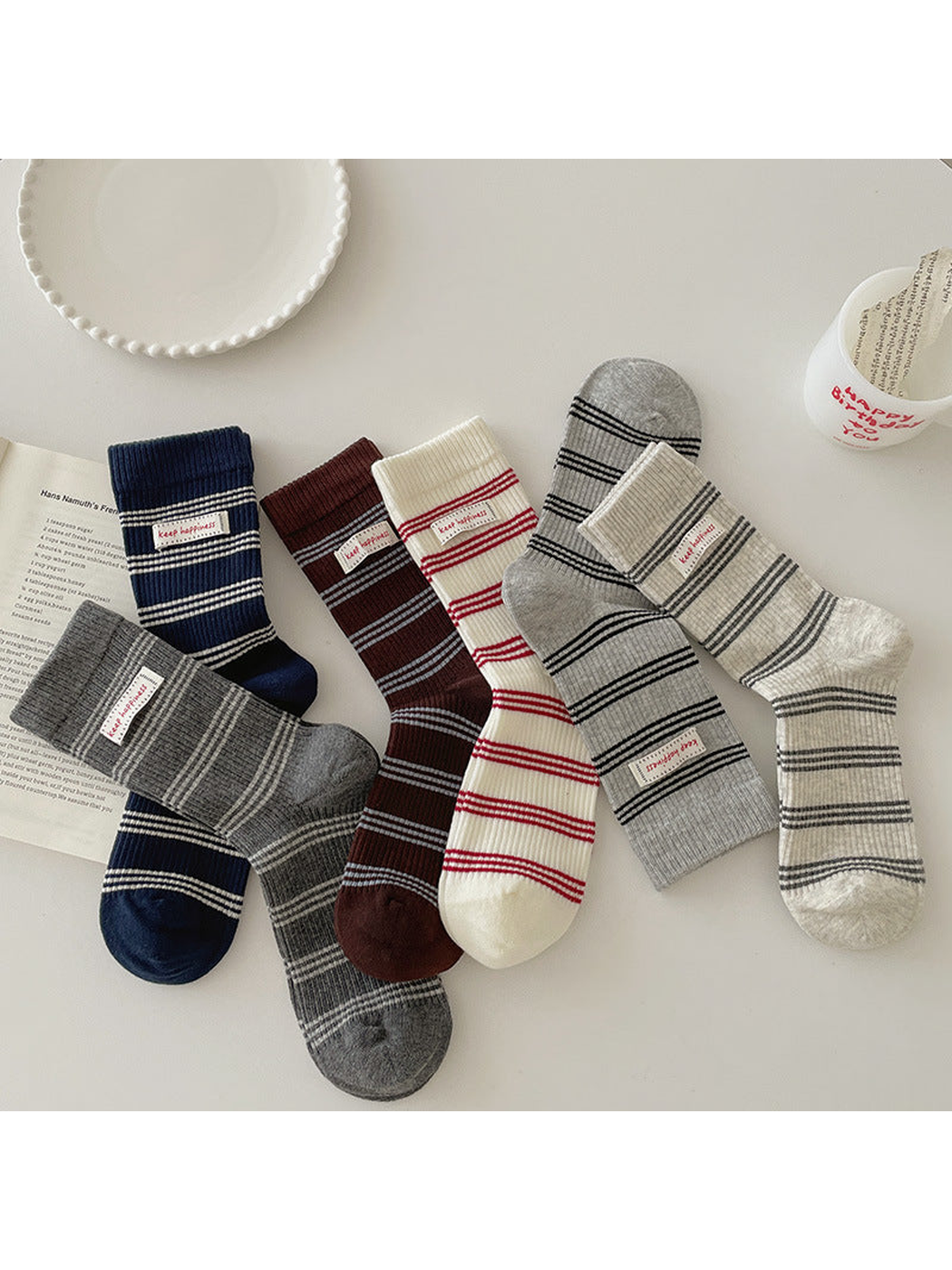 Striped crew socks in six colors arranged together