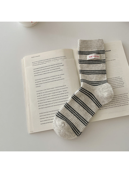 Light Gray crew sock with black horizontal stripes