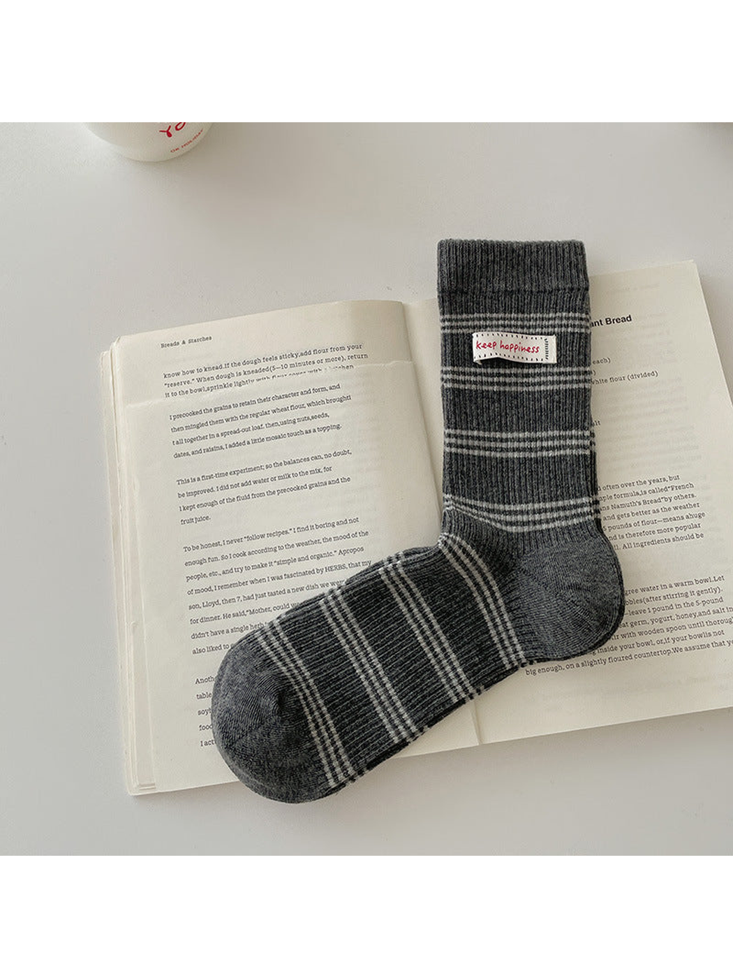 Dark Gray crew sock with lighter gray horizontal stripes