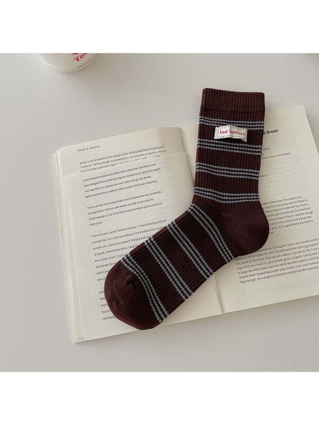 Dark Brown crew sock with blue-gray horizontal stripes
