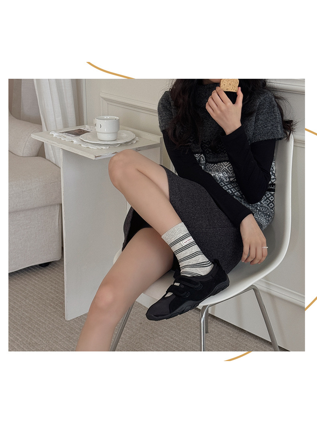 Light Gray striped crew socks styled with black shoes