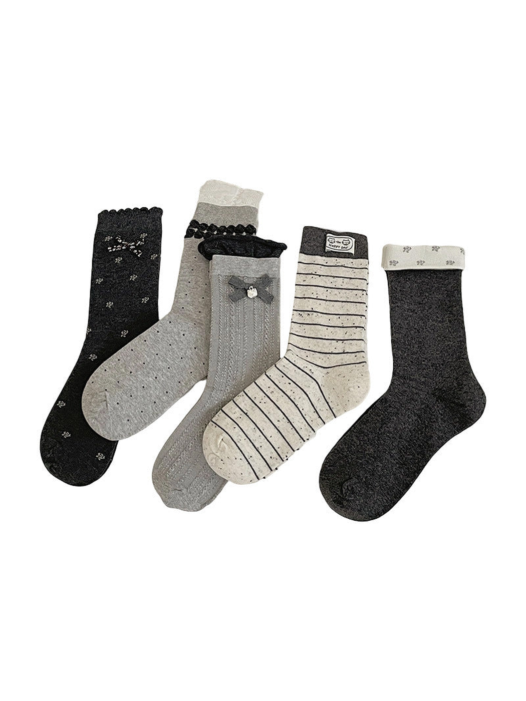 Five gray and ivory crew sock styles on a white background