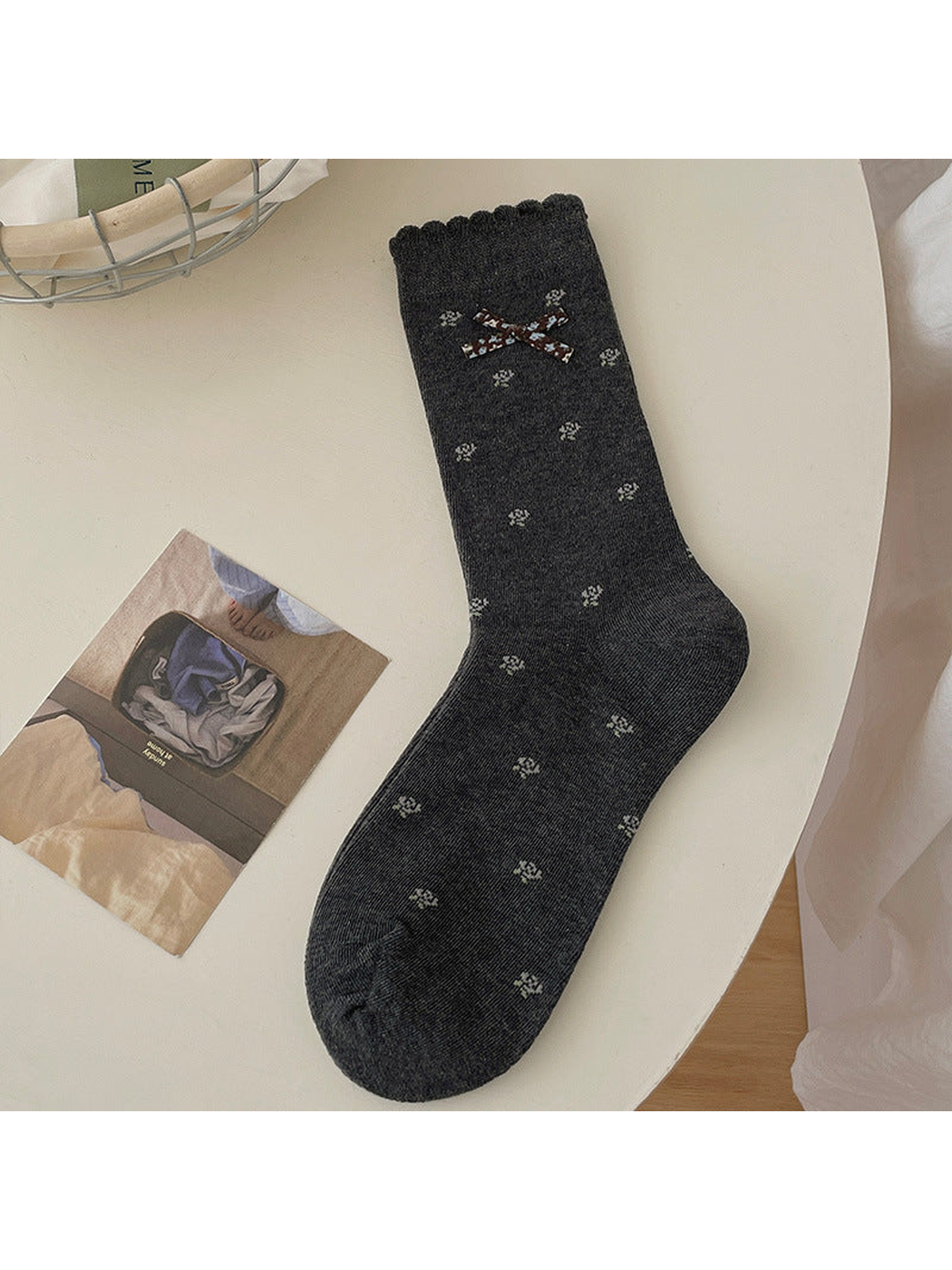 Floral Bow dark gray crew sock with scattered floral motifs