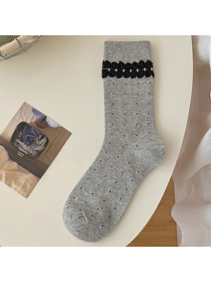 Polka Dots light gray crew sock with dotted pattern and decorative cuff