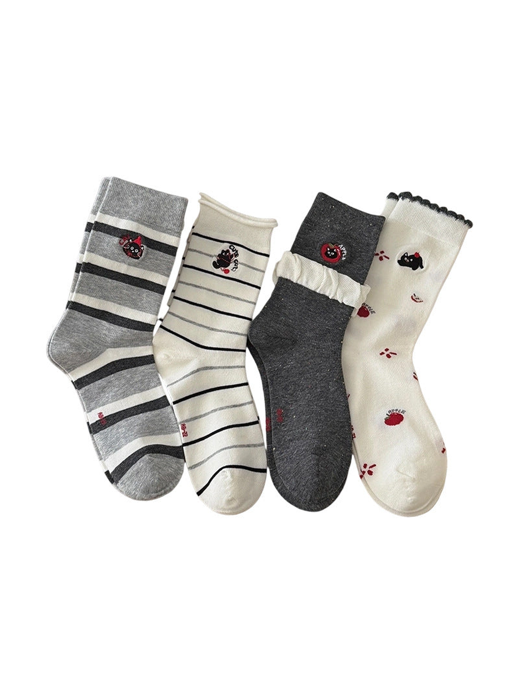 Four crew sock styles in ivory and gray displayed on a white background