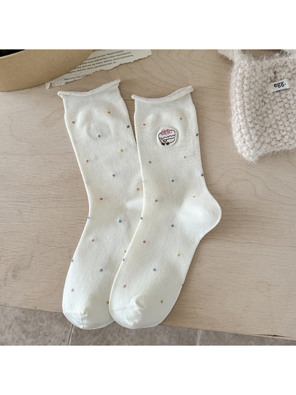 Cupcake ivory crew socks with multicolor dots and embroidered cupcake