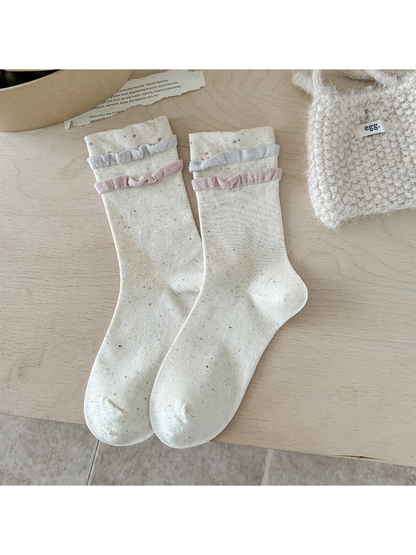Ruffle beige crew socks with pink and white cuff trim