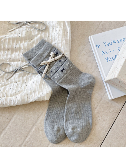 Ribbon Bow gray crew socks with patterned bands and cream bows