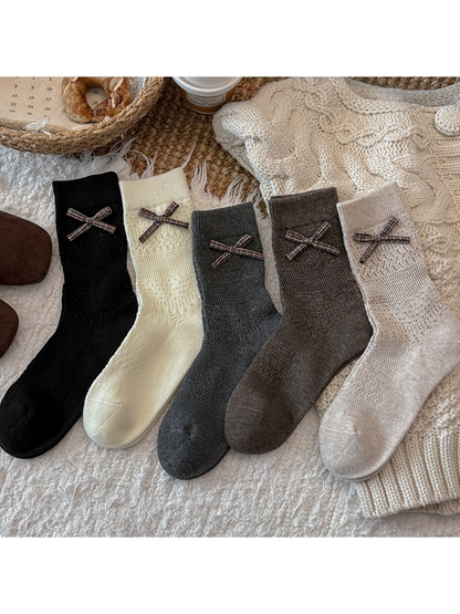 Black, Ivory, Dark Gray, Brown and Beige bow crew socks