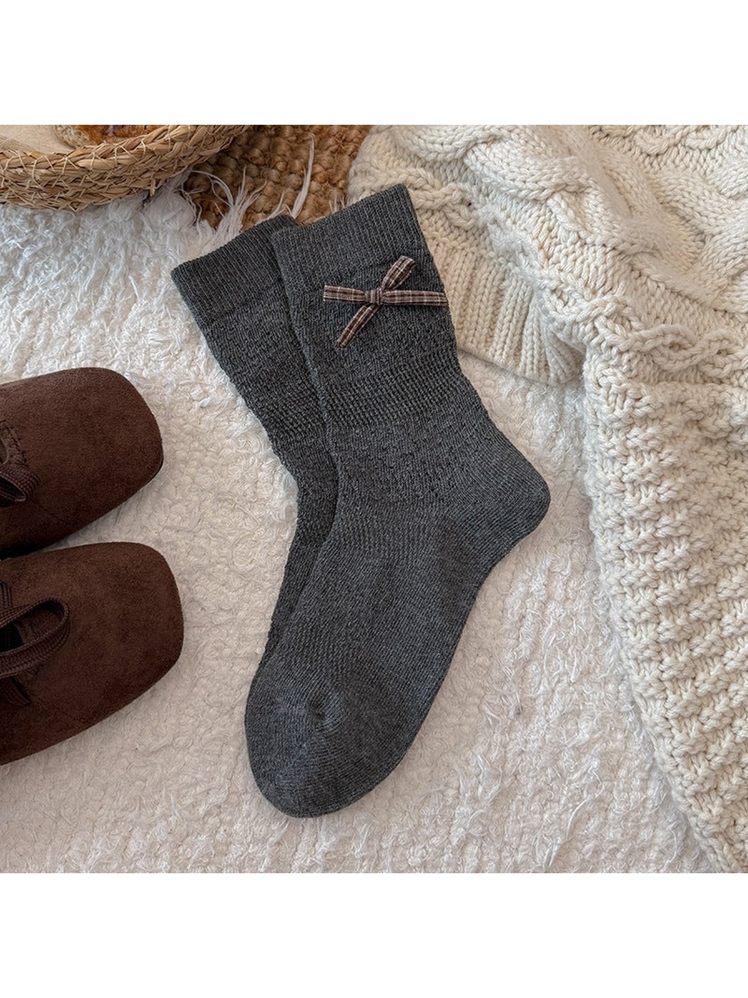 Dark Gray crew socks with a plaid bow