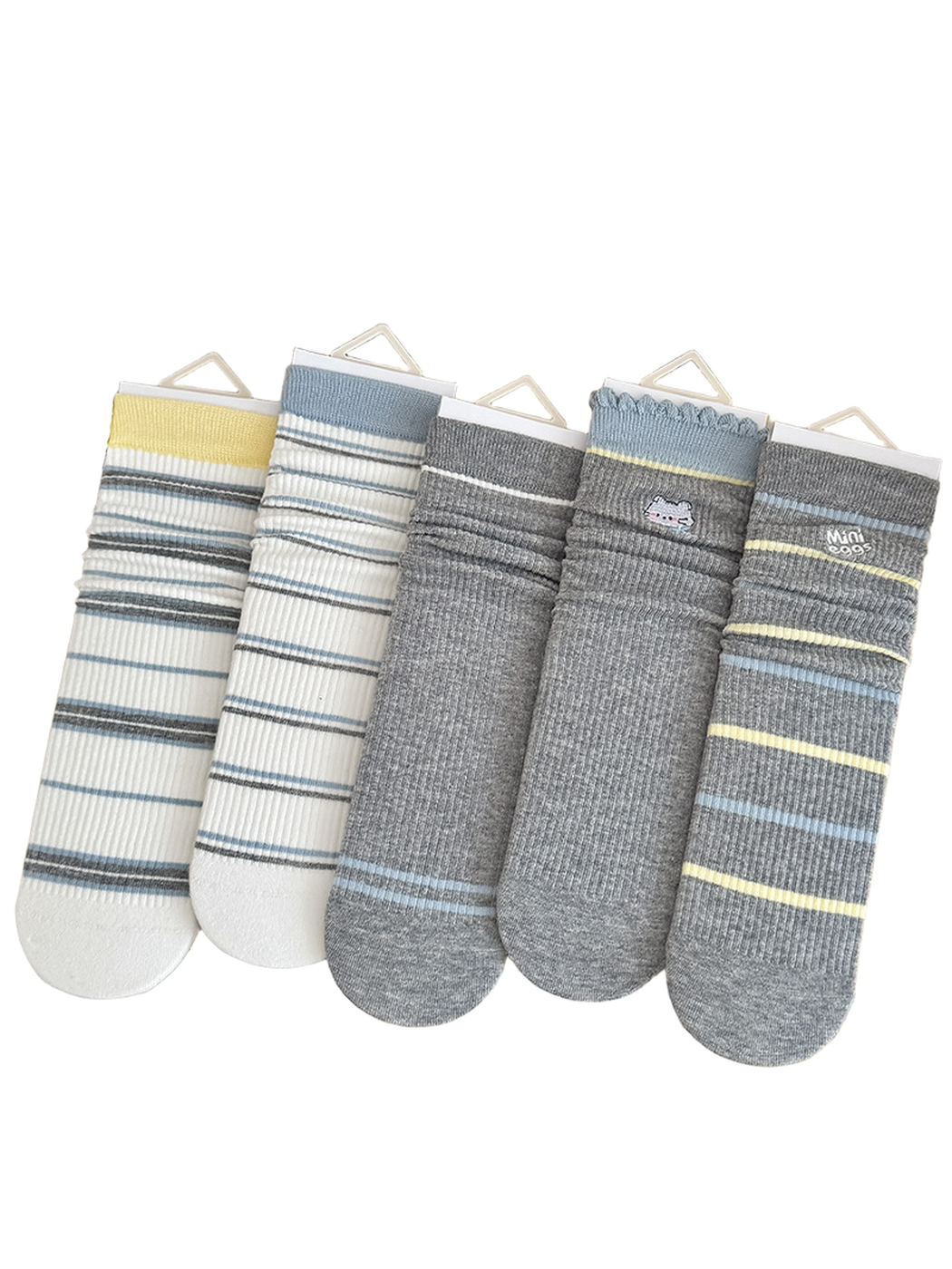 Five striped and embroidered sock styles displayed together