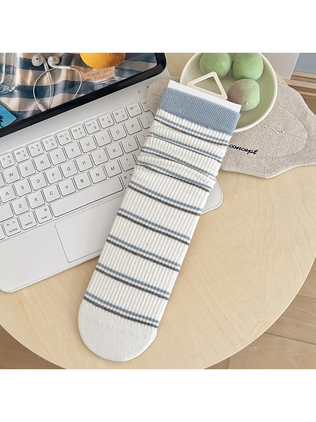 Blue Cuff white socks with gray and blue stripes