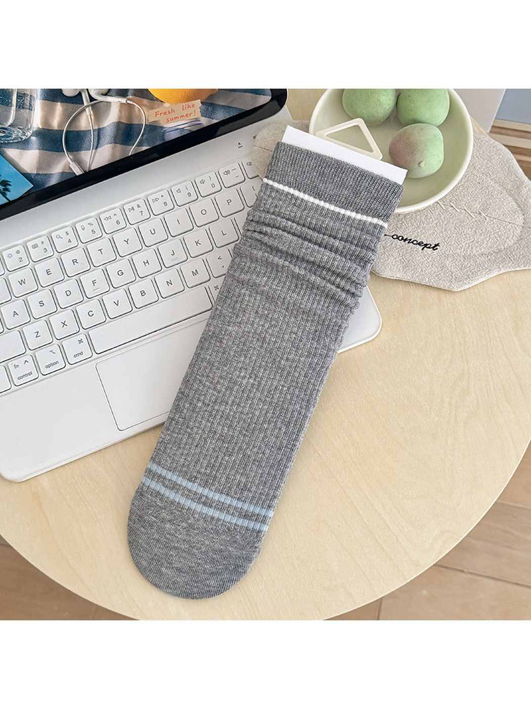 Minimal Stripes gray socks with white and blue accents
