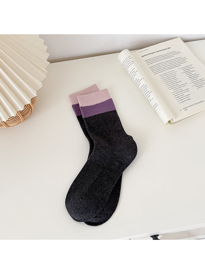Dark Gray ribbed crew socks with purple and light pink cuff bands