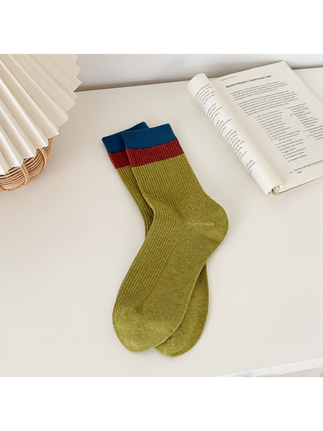 Army Green ribbed crew socks with red and teal cuff bands