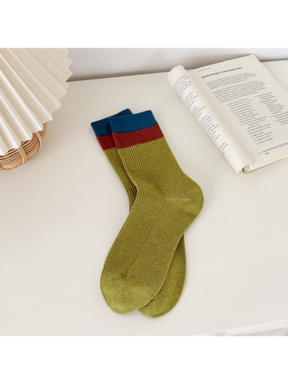 Army Green ribbed crew socks with red and teal cuff bands