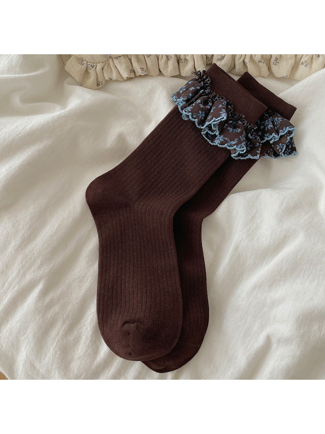 Dark brown Floral Lace crew socks with blue-edged floral ruffles