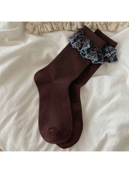 Dark brown Floral Lace crew socks with blue-edged floral ruffles