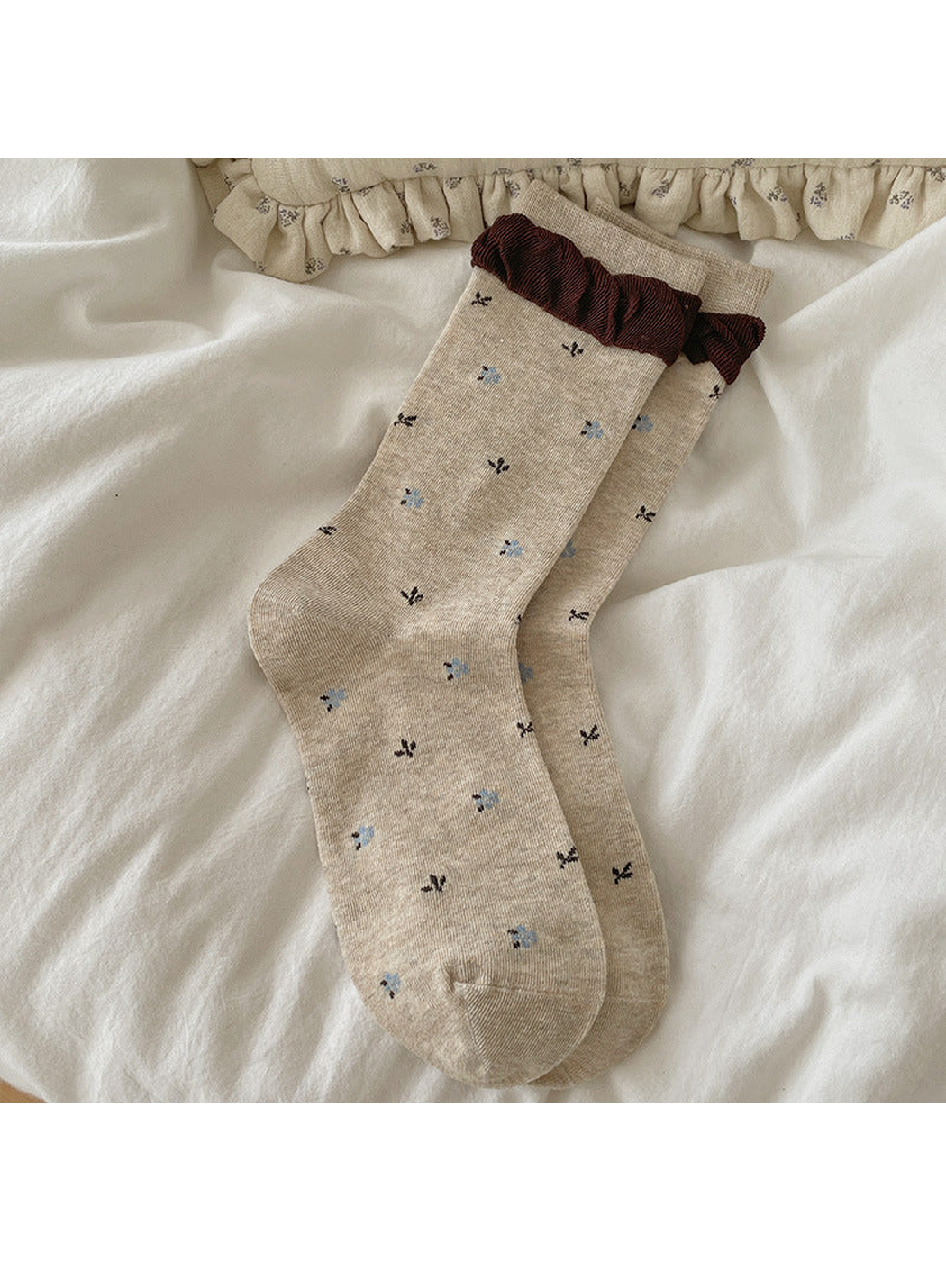 Beige Tiny Floral crew socks with brown ruffled cuffs