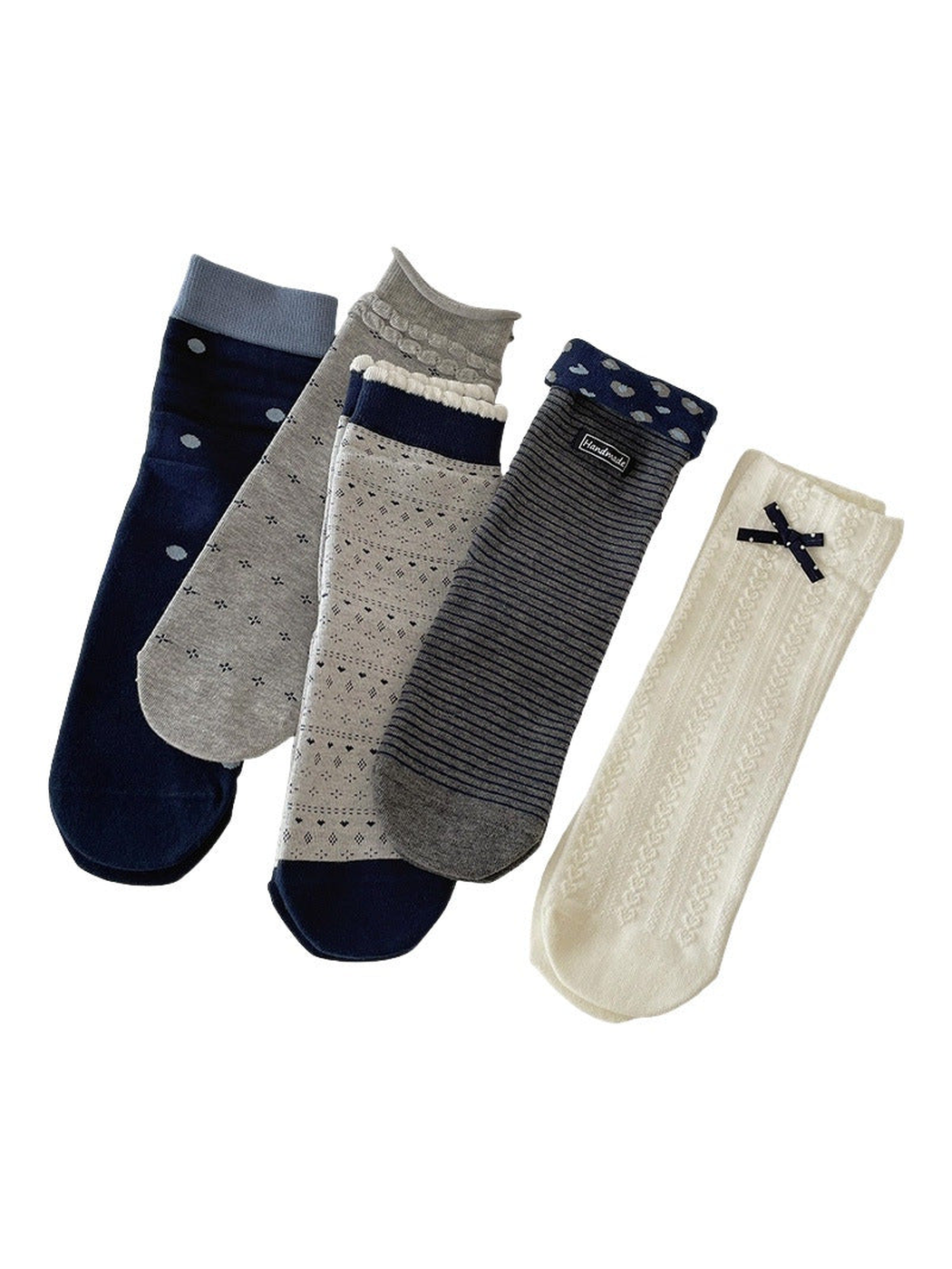 Five crew sock colors and patterns displayed together on a white background