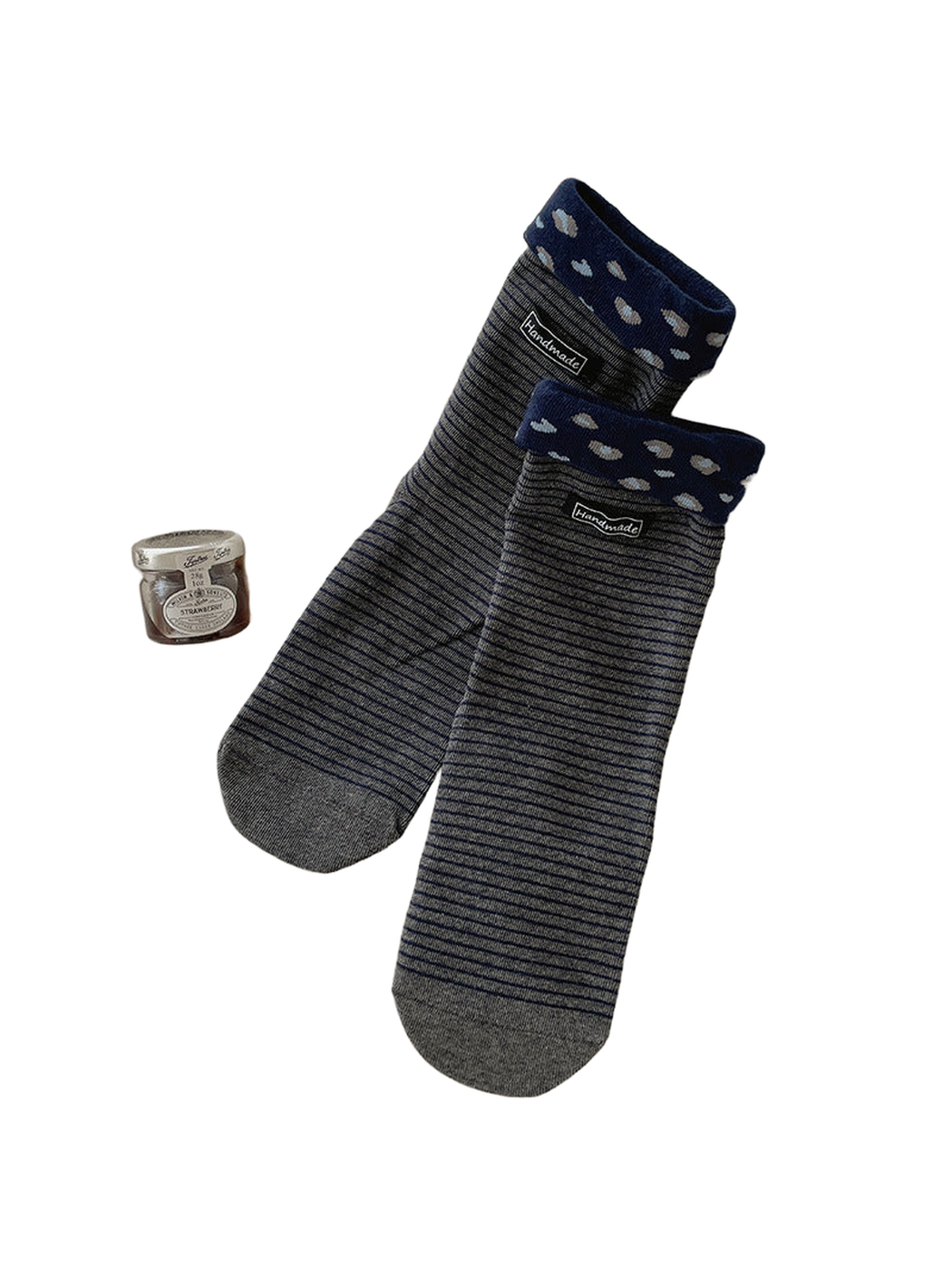 Gray Blue crew socks with fine stripes and contrasting patterned cuffs