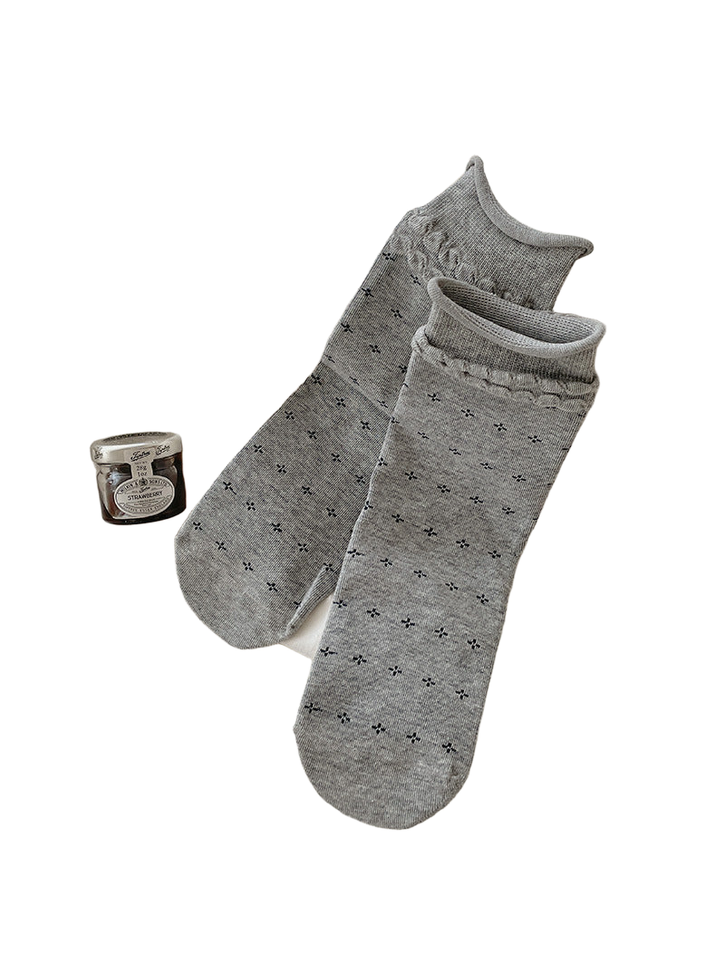 Heather Gray crew socks with small four-petal motifs and textured cuffs