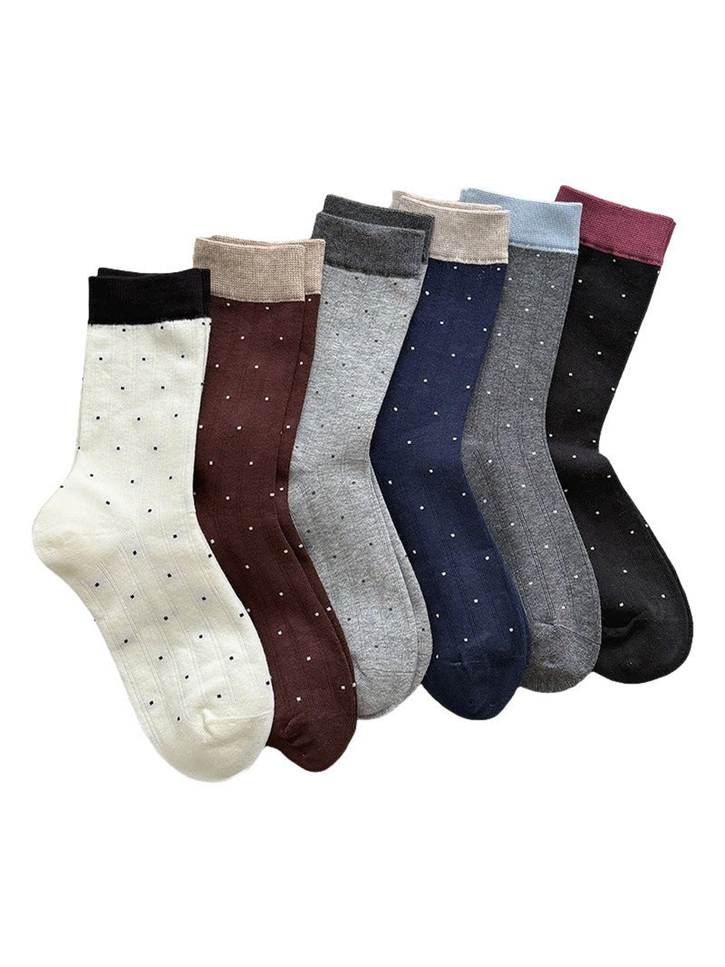 Six colors of ribbed polka-dot crew socks displayed together