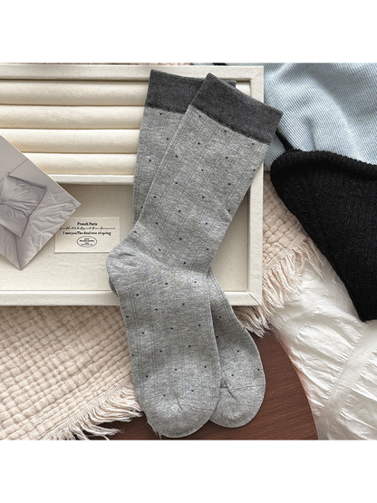 Light Gray ribbed crew socks with small polka dots and dark gray cuffs