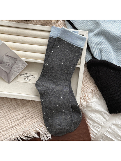 Dark Gray ribbed crew socks with small polka dots and light blue cuffs