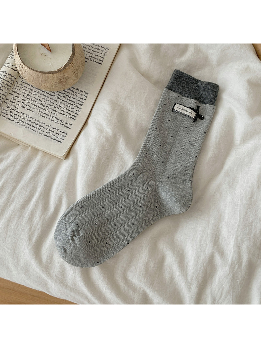 Light Gray polka-dot crew sock with dark gray cuff and bow accent