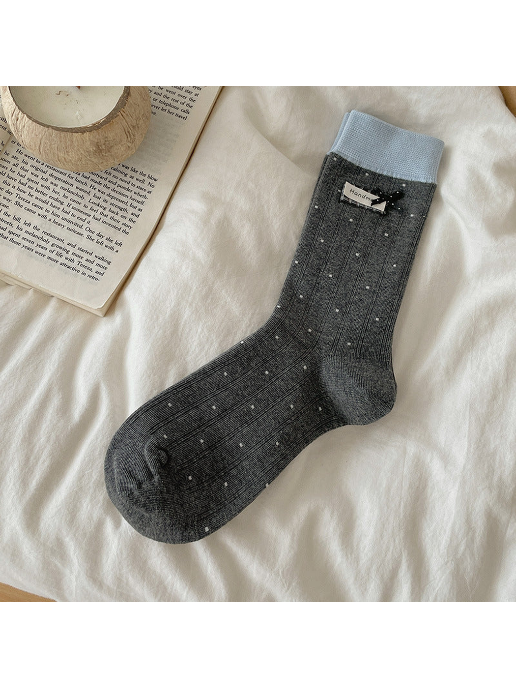 Dark Gray polka-dot crew sock with light blue cuff and bow accent