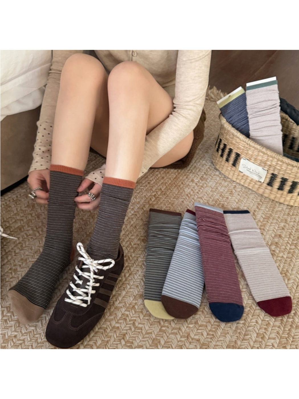 Orange striped crew socks styled with brown sneakers and multiple color options