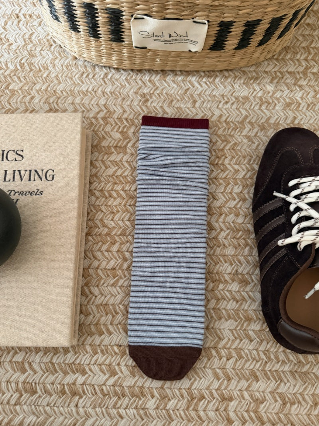 Burgundy fine-striped crew sock with contrasting cuff and toe